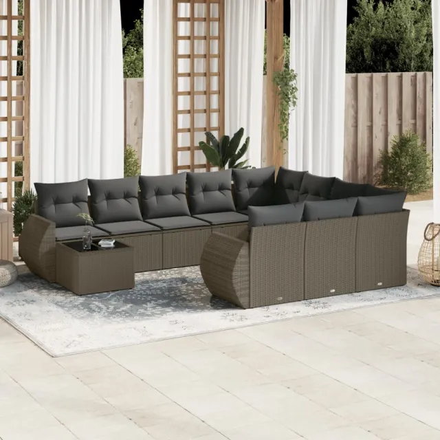 vidaXL 11-delige Loungeset met kussens poly rattan lichtgrijs grijs, foto 2
