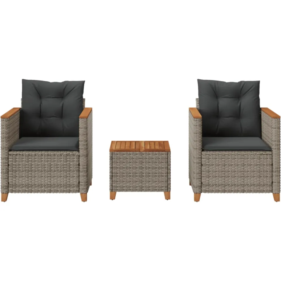 vidaXL 3-delige Bistroset met kussens poly rattan en acaciahout grijs
