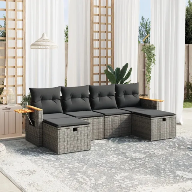 vidaXL 6-delige Loungeset met kussens poly rattan grijs, foto 2