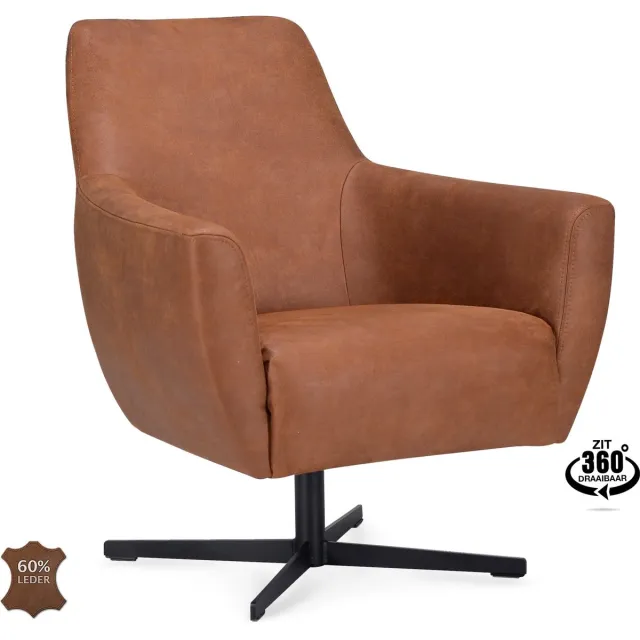 Icon Living Fauteuil Pearl - Microleder Bull Camel - Poot Zwart 360° Draaibaar Bruin