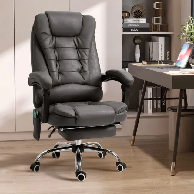 MEUNIQ Bureaustoel met massage- en warmtefunctie, 6 massagepunten, verstelbare zithoogte 45-52 cm, kantelbaar met voetsteun en armleuningen, donkergrijs