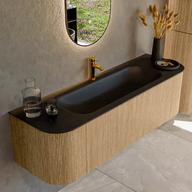 Mondiaz KURVE 150 cm Onderkast Greeploos 1 Lade Met Deuren Oak, Wastafel Solid Surface Midden Urban 1 Kraangat Zonder Spiegel (KRVBGM150L+R1L2D1KM-Oak/Urb)