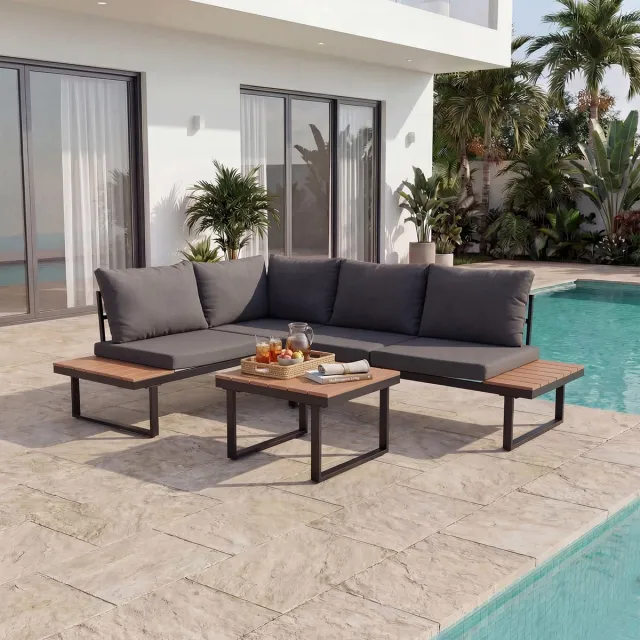 HOMAVO Tuinmeubelset voor 3-4 personen - L-vormige hoekbank met salontafel - Hoogveerkrachtige zitkussens - Water- en zonbestendig - Geschikt voor terras, balkon en tuin grijs