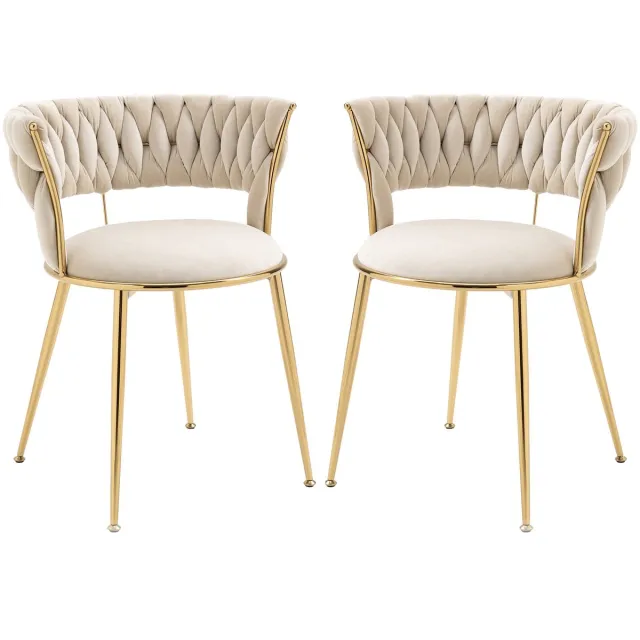 Merax Eetkamerstoelen Set van 2 - Fluwelen Stoelen met Armleuning en Moderne Rugleuning - Comfortabele Gestoffeerde Kuipstoelen met Metalen Poten - Ivoor