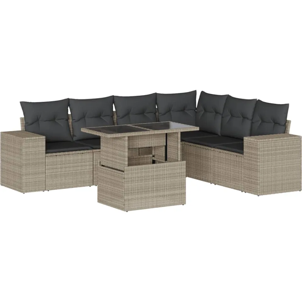 vidaXL 7-delige Loungeset met kussens poly rattan lichtgrijs grijs
