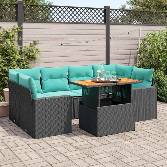 vidaXL 7-delige Loungeset met kussens poly rattan zwart, foto 2