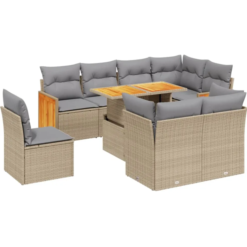 vidaXL 9-delige Loungeset met kussens poly rattan beige, foto 3