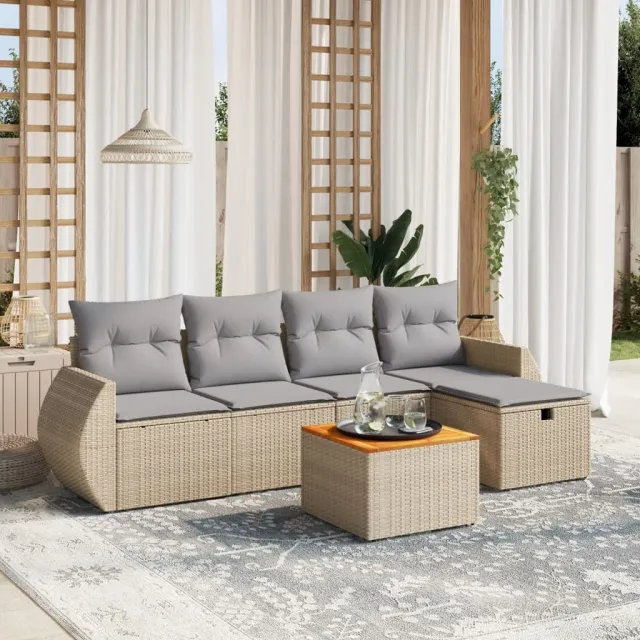 vidaXL 6-delige Loungeset met kussens poly rattan gemengd beige, foto 2