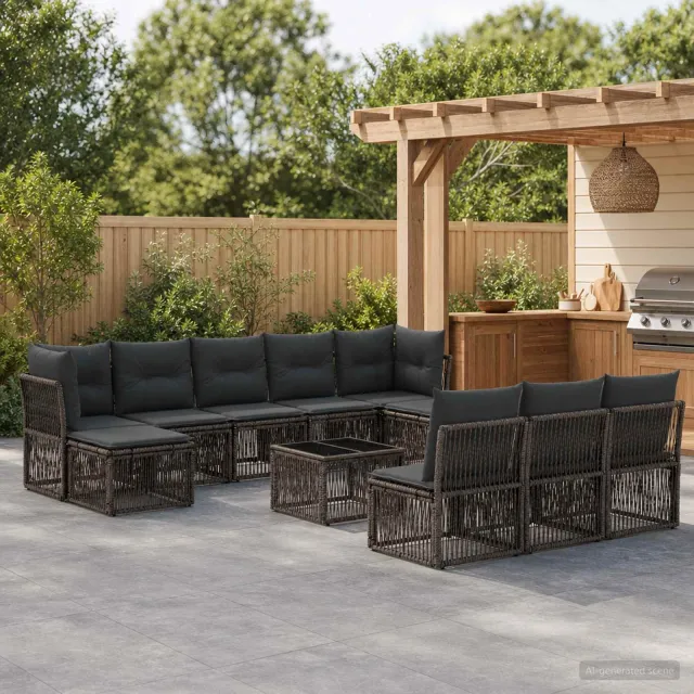 vidaXL Tuinbankenset 11 st 10-zits Grijs poly rattan