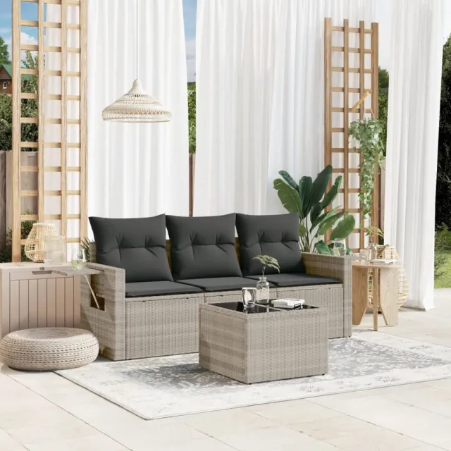 vidaXL 4-delige Loungeset met kussens poly rattan lichtgrijs grijs, foto 2