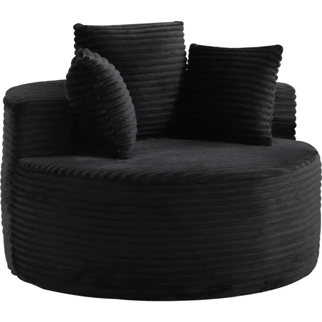 MEUNIQ ronde fauteuil 110 cm in zwart corduroy met 3 kussens, brede armleuningen en zachte zitting voor woonkamer, slaapkamer of speelkamer