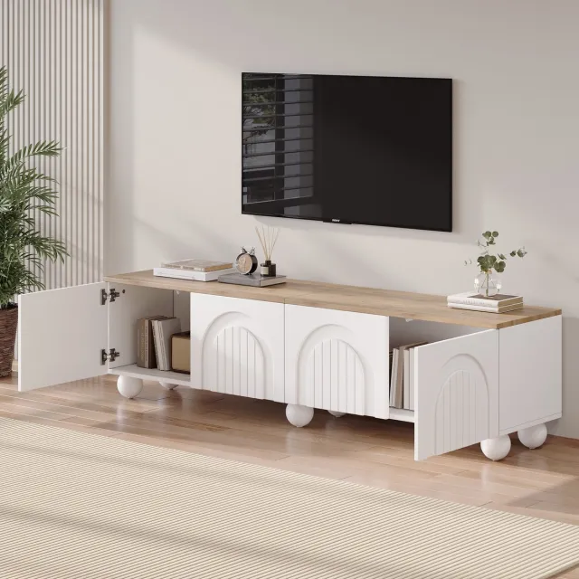 MIVRAY Tv-meubel - Met 4 Deuren En Veel Opbergruimte - Voor Woonkamer En Grote Televisies - MDF En Metaal - 180x40x45 Cm Wit