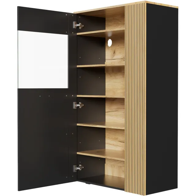 Ropilly Opbergkast met 16 kleuren ledverlichting - 80 x 40 x 146 cm - glazen deur - zwart met houtkleur - voor woonkamer en thuiskantoor Zwart en houtkleur