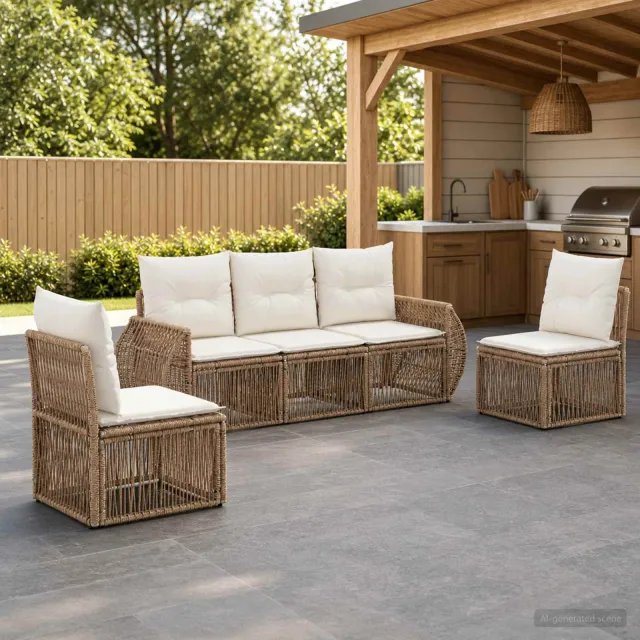 vidaXL Tuinbankenset 5 st 5-zits Beige en Crème Wit poly rattan, foto 2