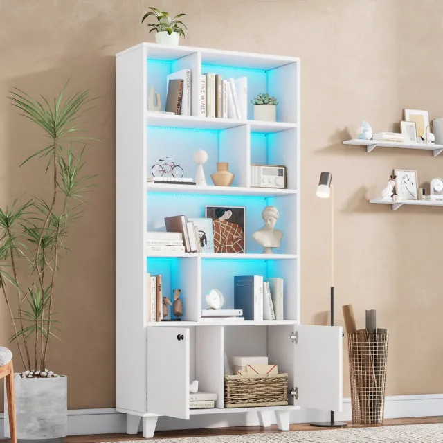 WUVRIE Boekenkast 80x30x173 cm - LED-sfeerverlichting, 7 vakken en 2 deuren - Wit
