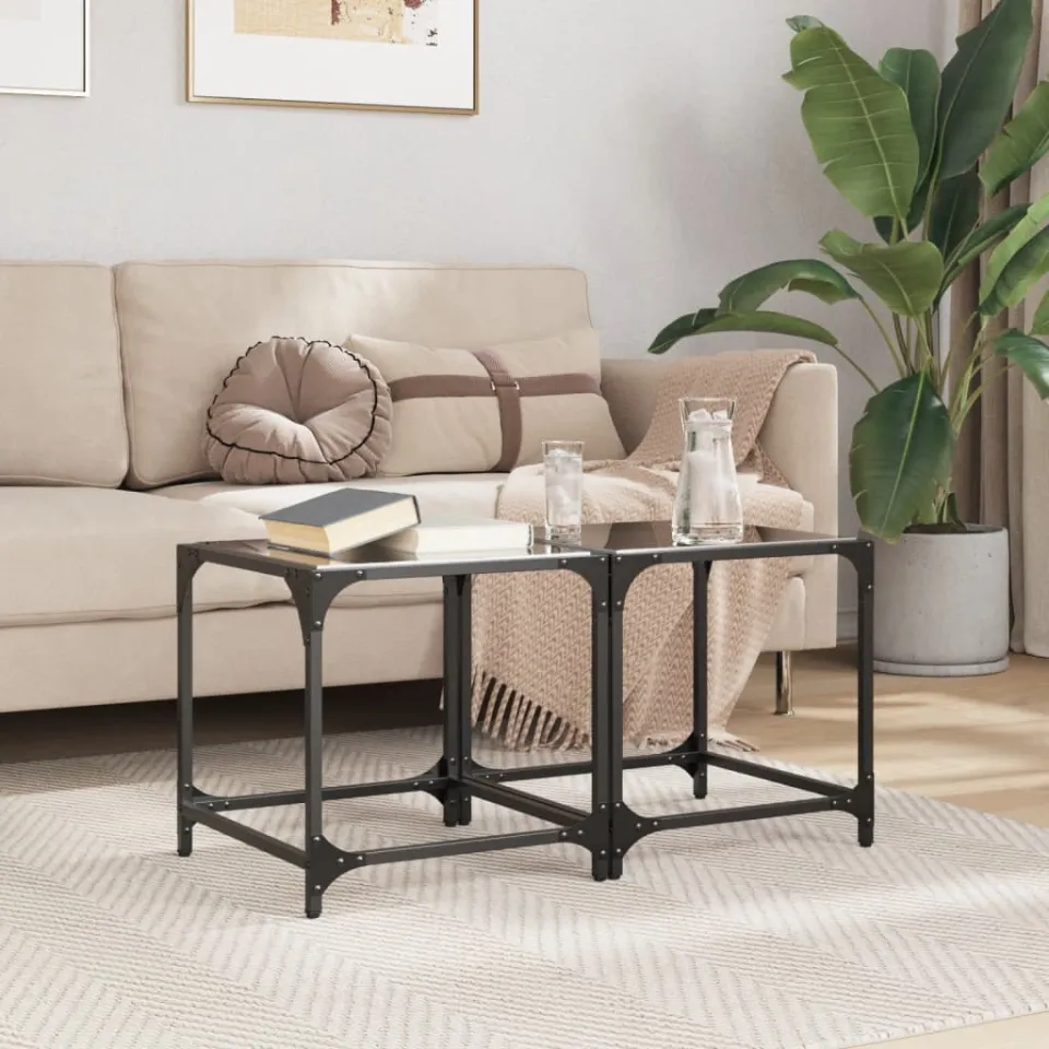 vidaXL Salontafels 2 st met zwart glazen blad 40x40x40 cm staal, foto 3