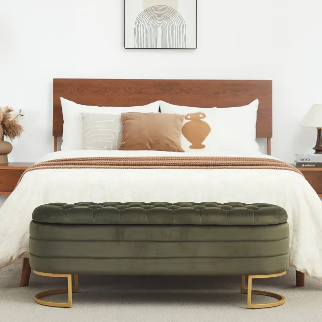 MUVANO Fluwelen bedbank met opbergruimte - Chesterfield-stijl - Metalen poten - 120 x 40 x 45 cm - Ventilatie - Voor slaapkamer en woonkamer - Groen