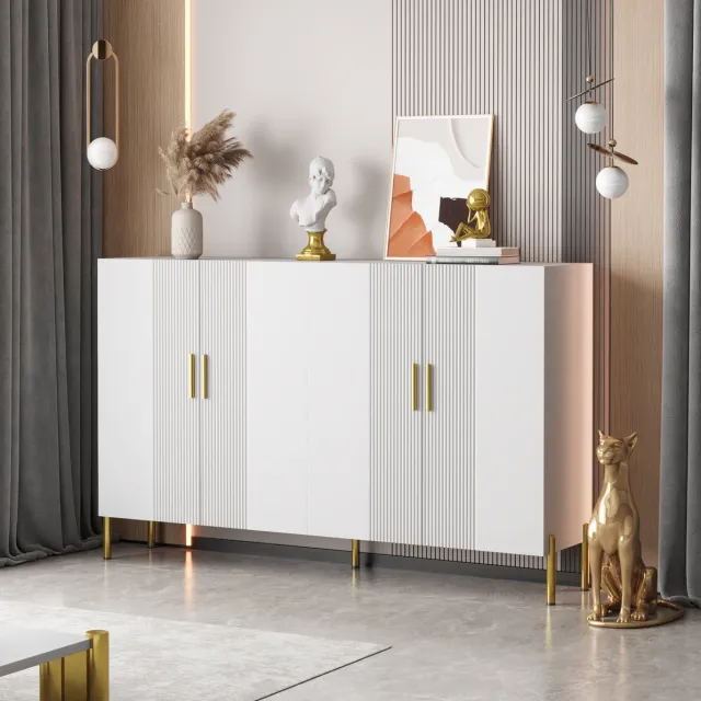 MEUNIQ dressoir 160 x 35 x 100 cm met 4 deuren en verstelbare planken, multifunctionele opbergkast voor woonkamer, eetkamer of hal, wit met gouden details White