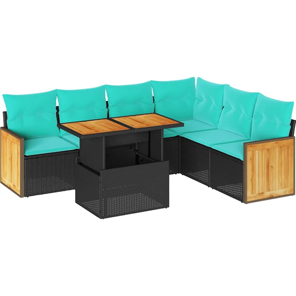 vidaXL 7-delige Loungeset met kussens poly rattan acacia zwart, foto 3