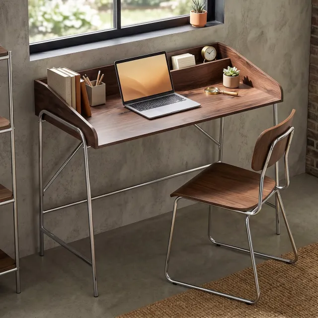 MUVANO Compact computerbureau van 109 cm - Opstaande randen - Geïntegreerde boekensteun - 109 x 57 x 91 cm - Werken en studeren - Slaapkamer - Notenkleur en zilver