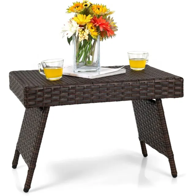KOMFOTTEU Salontafel van rotan, klaptafel met stalen frame en verstelbare poten, lage tafel voor terras, tuin, bij het zwembad, 60 x 40 x 40 cm bruin