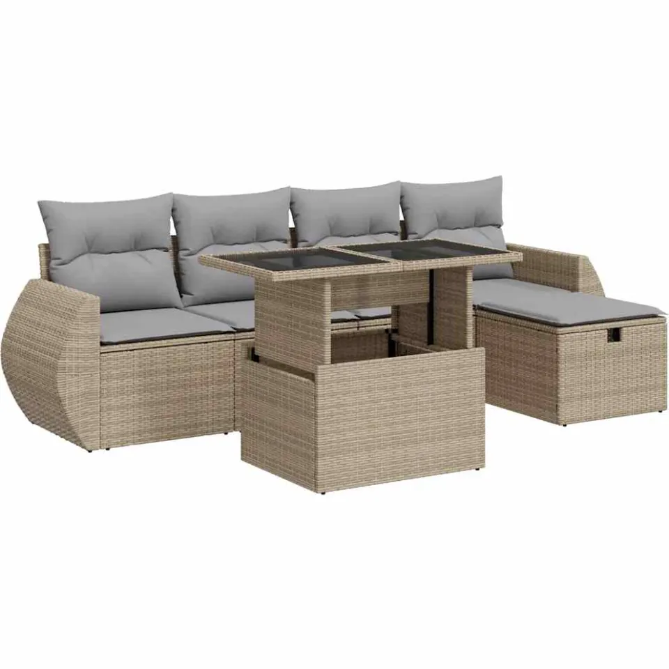 vidaXL 6-delige Loungeset met kussens poly rattan beige, foto 3