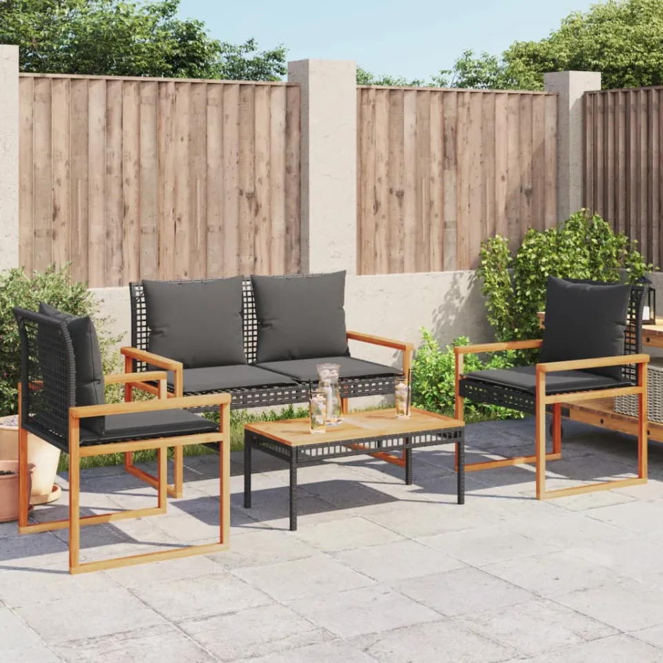 vidaXL 4-delige Loungeset met kussens poly rattan zwart, foto 2