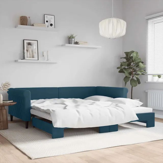 vidaXL Slaapbank met onderschuifbed 100x200 cm fluweel blauw