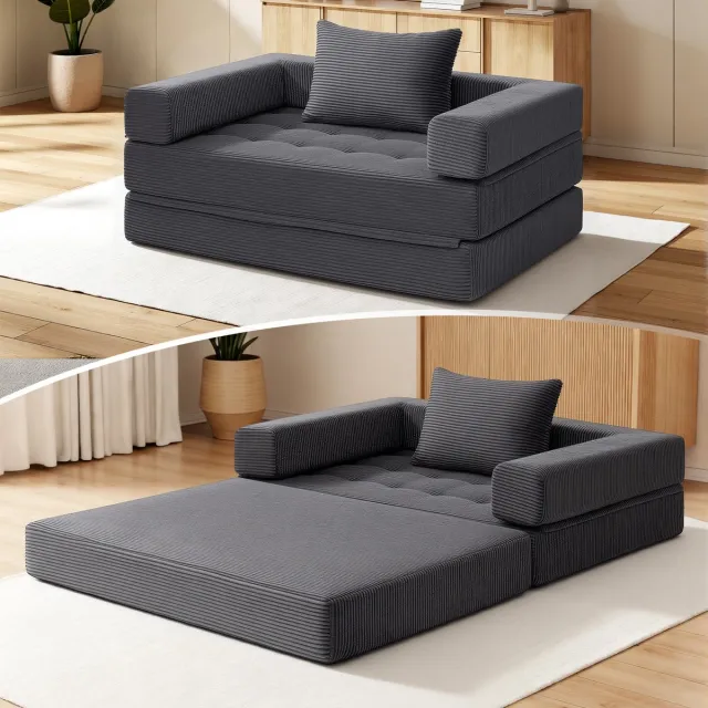 Hommpa 5-in-1 Slaapbank 2-zits – Opvouwbare Vloerbank & Logeerbed – Corduroy – Grijs – Full 128 x 176 cm