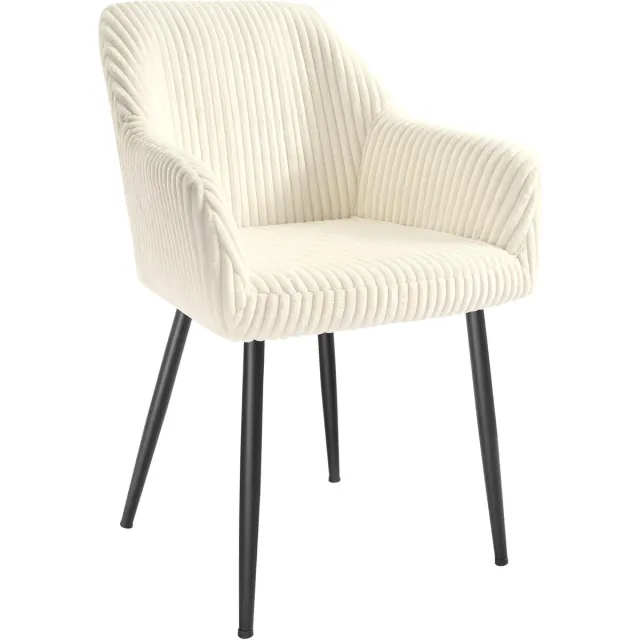 Songmics LDC087WD01 Eetkamerstoel, Keukenstoel, Fauteuil, Corduroy, Gestoffeerde Stoel met Armleuningen, Loungestoel, Draagvermogen 120 kg, Metalen Poten, voor Eetkamer, Keuken, Crème Wit-Inkt Zwart