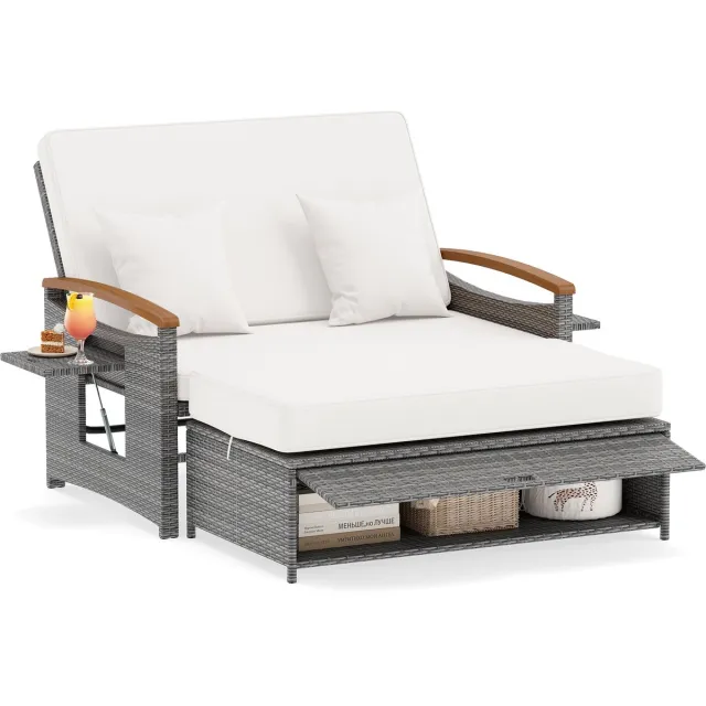 Costway Rattan Lounge Sofa, Lounge Meubels Outdoor, Tuinbank met Liggende Functie, 2-Zits Tuinlounge met Kussens & Zijtafels, Polyrattan Tuinmeubelen, Balkonmeubelen Klein Balkon (Wit) Mix Grijs