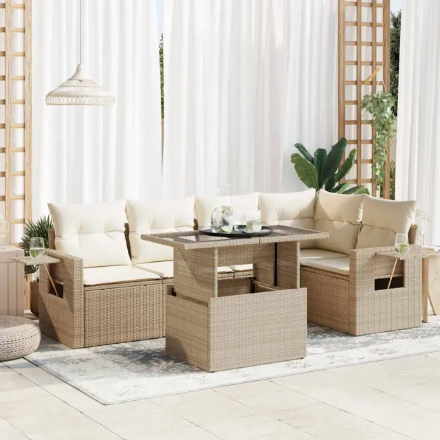 vidaXL 6-delige Loungeset met kussens poly rattan beige, foto 2