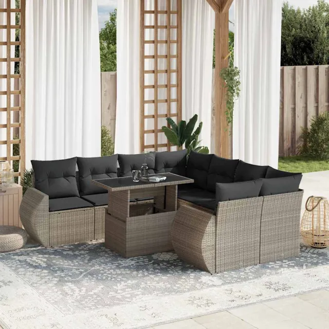 vidaXL 9-delige Loungeset met kussens poly rattan lichtgrijs grijs, foto 2