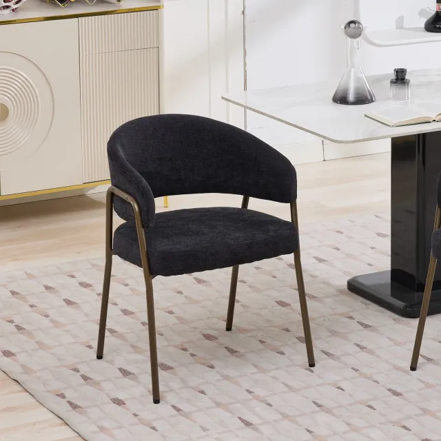DantefHandels Chenille fauteuil met armleuning, bekleed, antiek messing poten, keuken/eetkamer, 1 stuks, beige
