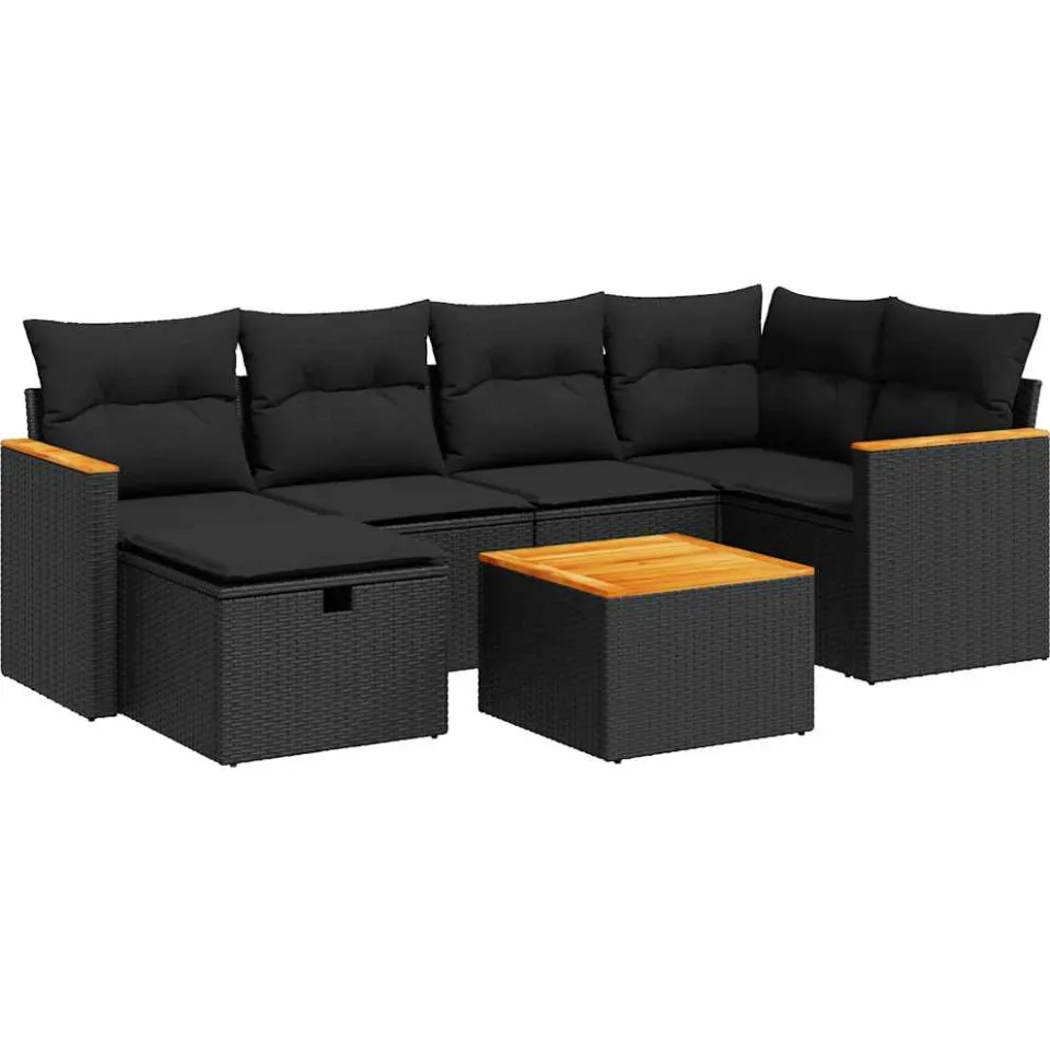 vidaXL 7-delige Loungeset met kussens poly rattan zwart, foto 3
