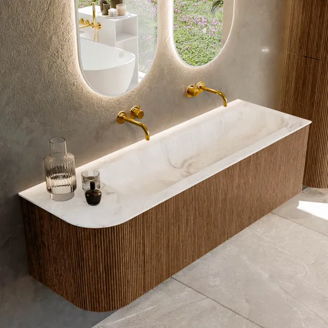 Mondiaz KURVE-DLUX 145 cm Onderkast Greeploos 1 Lade Met Deuren Walnut, Wastafel Solid Surface Rechts Frappe 0 Kraangaten Zonder Spiegel (KRVBGL145L1L1D0KR-Wal/Fra)