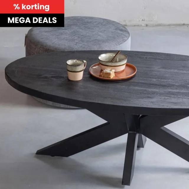 Mahom Mangohouten Salontafel Tulsa Black Ovaal Mahom Industrieel - Kleine tafel van Mangohout & Metaal - Industriële Huiskamertafel Bruin