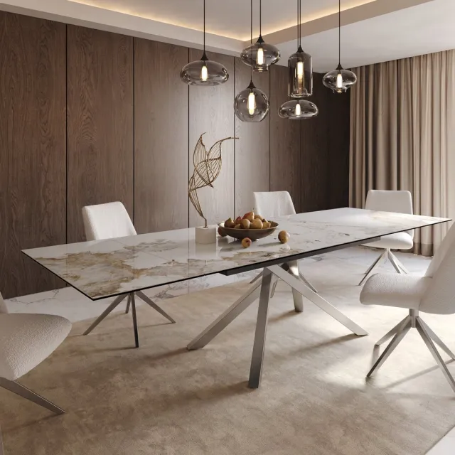DELIFE Eetkamertafel Edge keramiek Minas Melange wit-beige 200-300x100 kruisframe rechthoek RVS uitschuifbaar Weiß-Beige