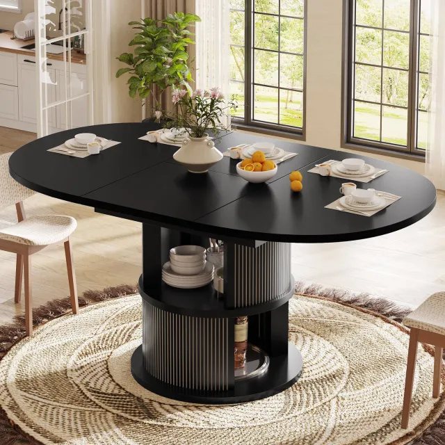 OKWISH Eettafel - Uitschuifbaar van 118 tot 158 cm - Ovaal met Opbergruimte - Voor 4 tot 6 Personen - MDF en Metaal - Zwart - 158 x 118 x 77 cm
