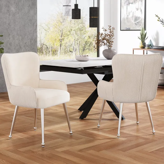 MEUNIQ eetkamerstoel set van 2 met armleuningen, velvet stoel met lendensteun, verticale rugleuning en metalen poten met verstelbare voeten, beige