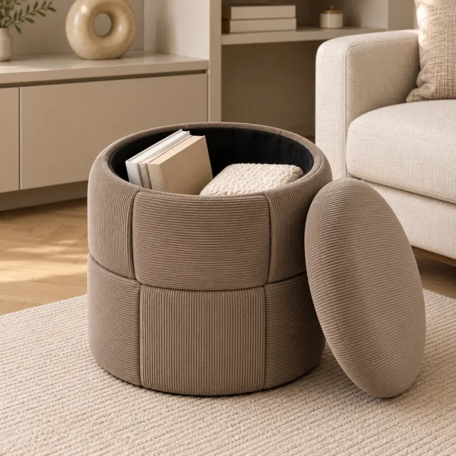 By Viento Ribstof Opbergpoef Taupe – Ø38 × H38 cm – Zachte Ribstof – Ronde Poef met Ruime Opbergruimte