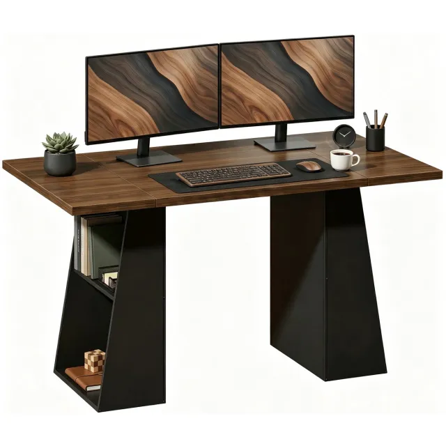 TEKROA modern Bureau met 4 Open Planken - Computertafel voor Thuiswerken - voor thuiswerkplek en studie - 140 cm - Bruin/Zwart