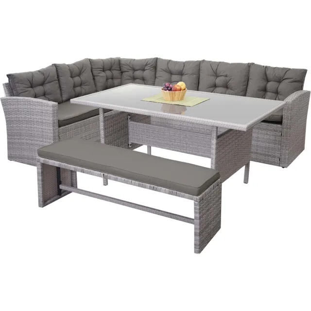 Cosmo Casa Poly-Rattan Set - Tuin Lounge Dinerset met Bank en Sofa - Lichtgrijs - Kussens Grijs