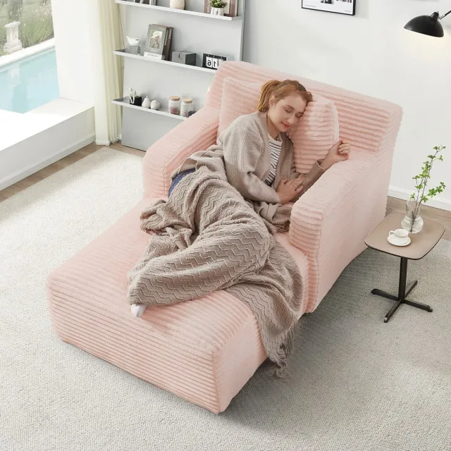 Merax Chaise Longue Bank - Zachte Corduroy Fauteuil - Comfortabel Lig- en Slaapmeubel zonder Montage - Relaxstoel voor Woonkamer - Slaapkamer of Kantoor - Roze - 166×100×74 cm
