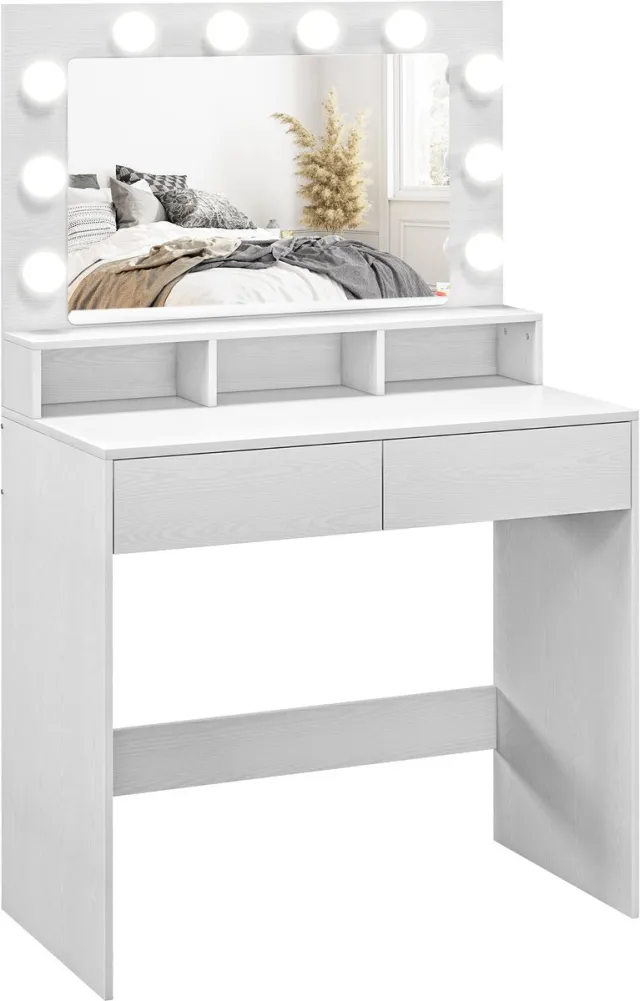 Homcom Kaptafel met spiegel en 10 Hollywood-lampen - Make-uptafel - Visagietafel - Wit