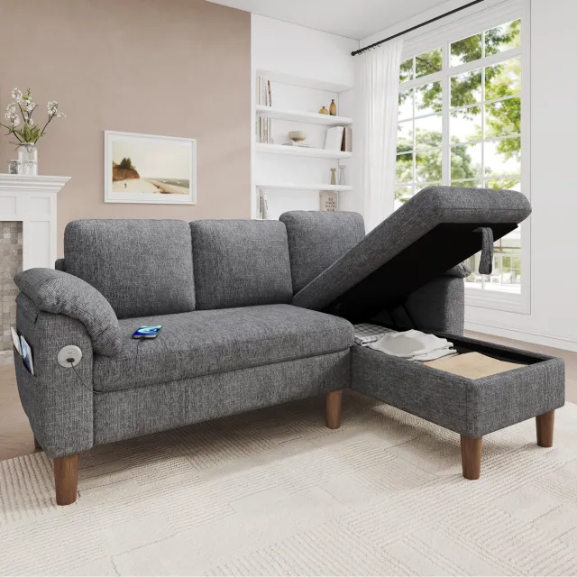 FloraGrace Hoekbank 3-Zits - L-Vorm Met Opbergruimte En Links Rechts Monteerbare Chaise Longue - Met USB En Type-C - Chenille - Lichtgrijs
