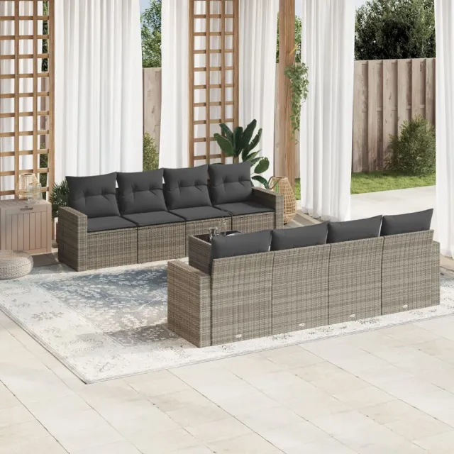 vidaXL 9-delige Loungeset met kussens poly rattan grijs, foto 2