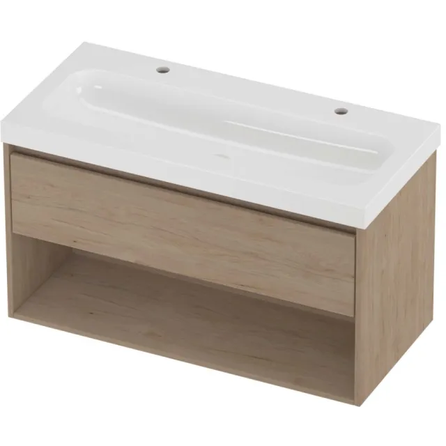 Proline Haga Badmeubelset Polystone Mezza 2 Kraangaten Met Schap 100x46x58 cm Glans Wit Ideal Oak Eiken