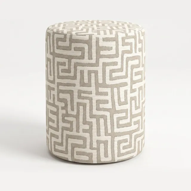 Mörgenn Poef Maze Lin Beige - Ronde Poef en Voetenbank - Jacquard Labyrint - 45x45x60 cm