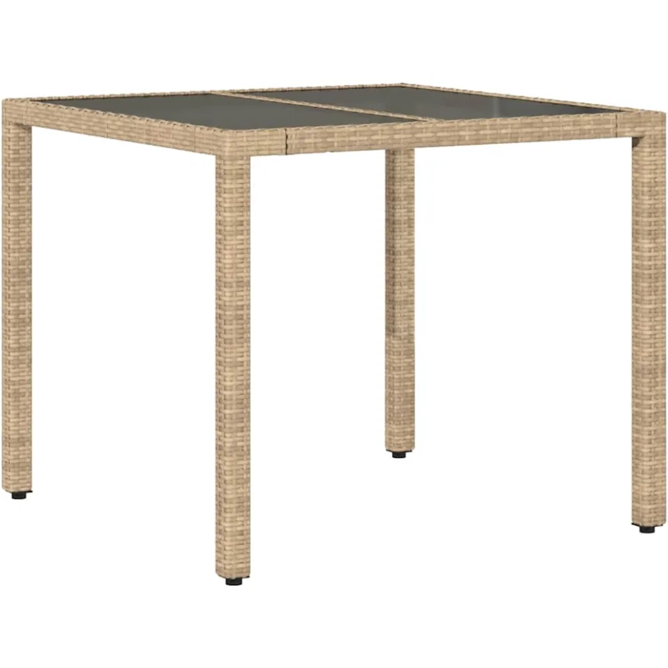 vidaXL Tuintafel met glazen blad 90x90x75 cm poly rattan beige